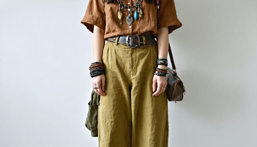 Individual in vintage attire using kratom-themed accessories to complete the look, emphasizing unique style integration.